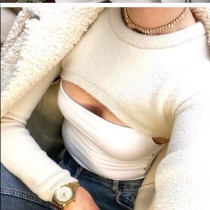 Zara Cream Cutout Cropped Crewneck Sweater